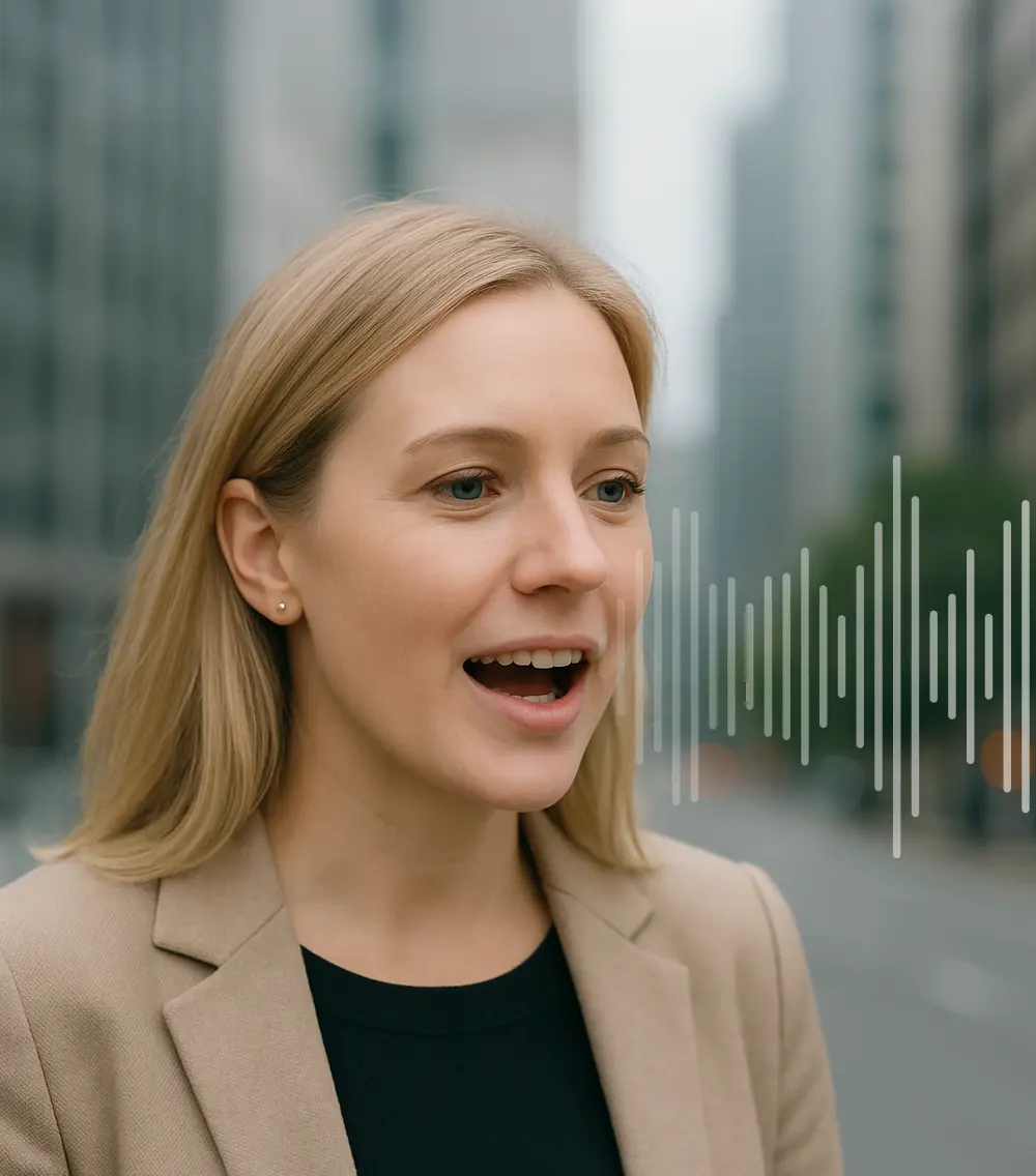 Woman speaking with sound waves emanating from her mouth.